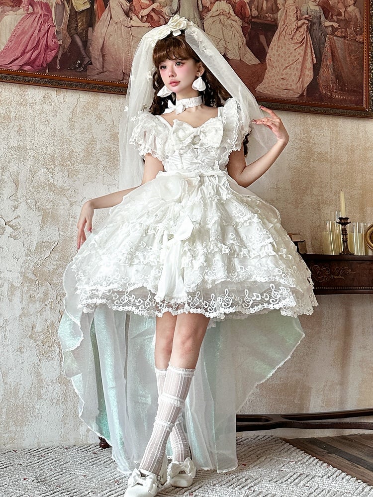 Pattern Layered Bow Lolita Accents White Musical Note Dress Lace and with