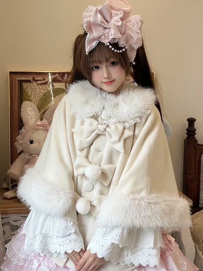Velvet Lolita Cape in Sweet Beige with Detachable Fur Collar and Bow - Star Fantasy