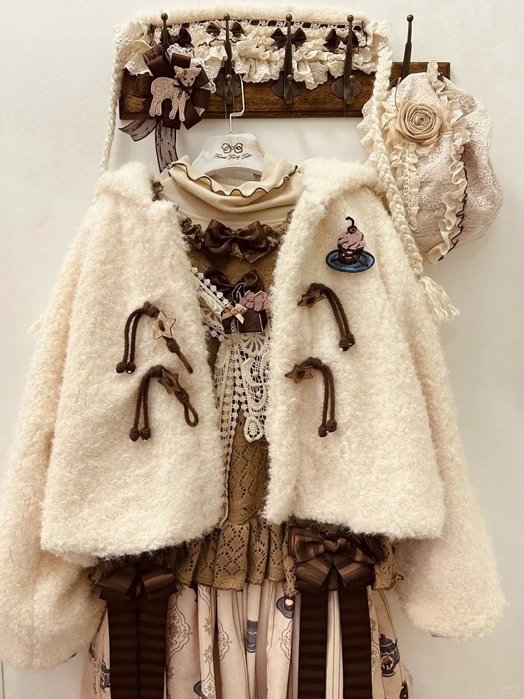 Beige Sweet with Star-Accented Plush Lolita Drawstring Coat Toggles