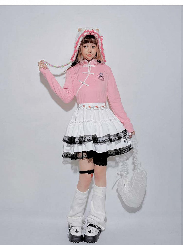 Pinkes Pastell-Punk-Skelett-Top in Gitarrenform mit Strasssteinen