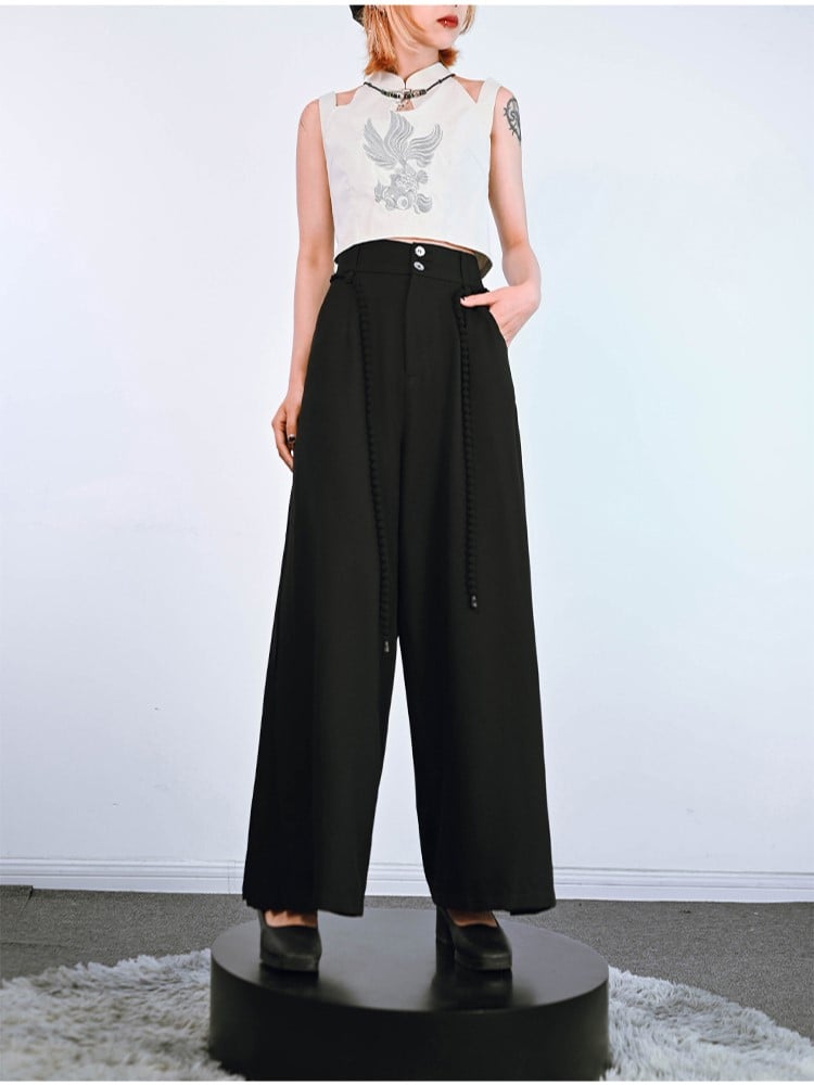 Black Version Wide-Leg Regular/Short Panel Pants Side with Cheongsam Cord Waist Pleated
