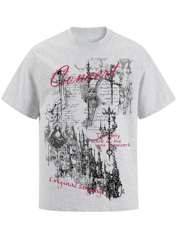 Light Gray Crew Neck Short Sleeve T-Shirt with Gothic Print - KNOW8 Online Shop