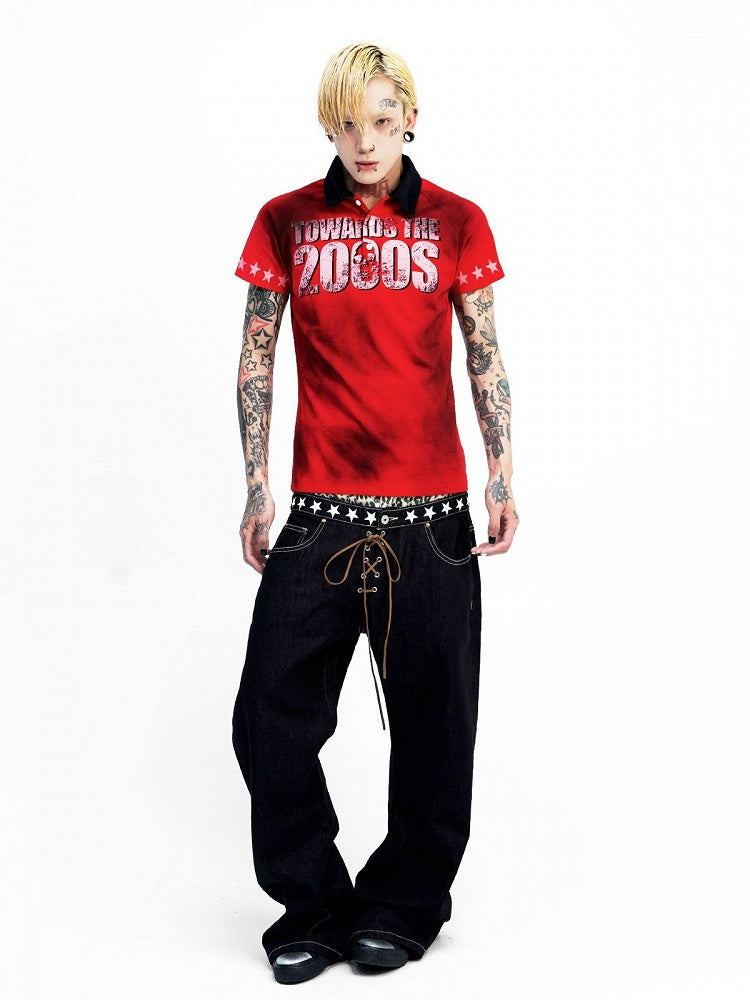 Red Letter Print Polo Shirt with Short Sleeves - DETW OnLine