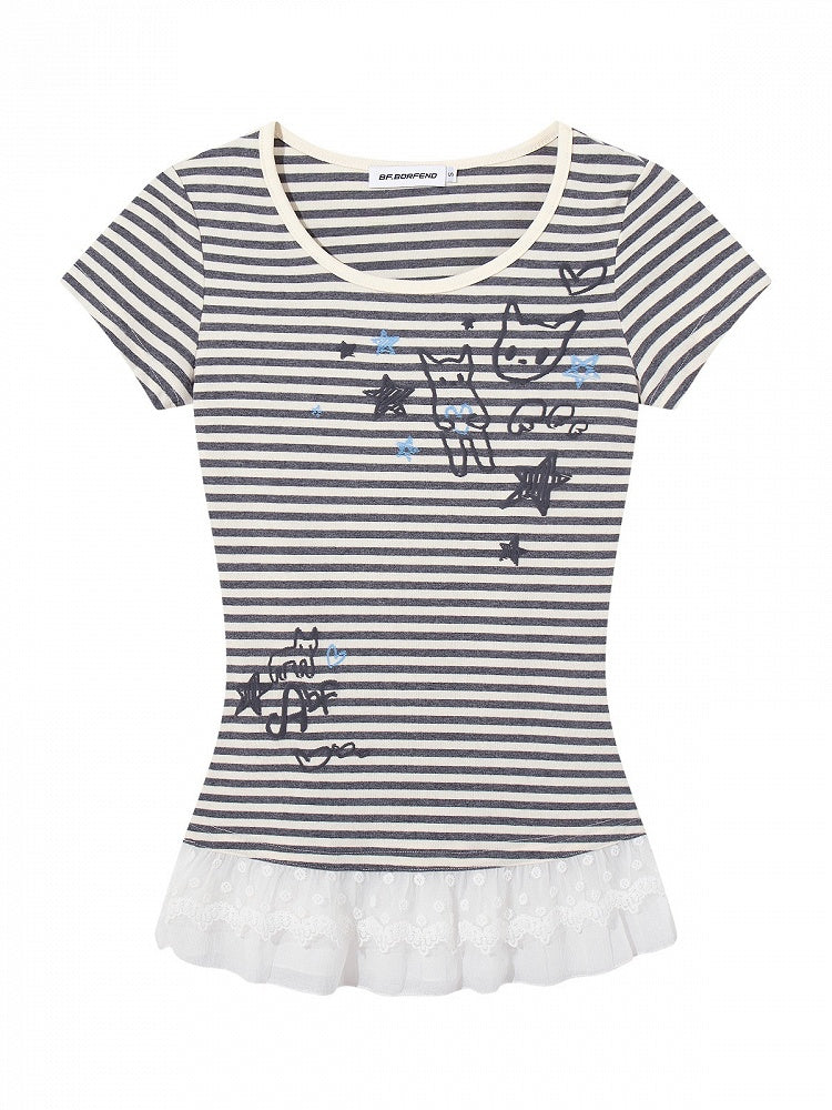 Striped Gray & Kitty Print Lace-Trimmed Blouse - Languid Park