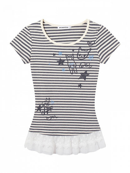 Striped Gray & Kitty Print Lace-Trimmed Blouse - Languid Park