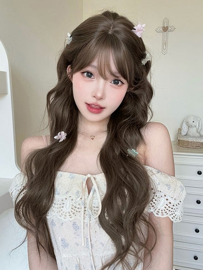 ブラウンの前髪付きエアウィッグ 72CM ウェーブ長さ