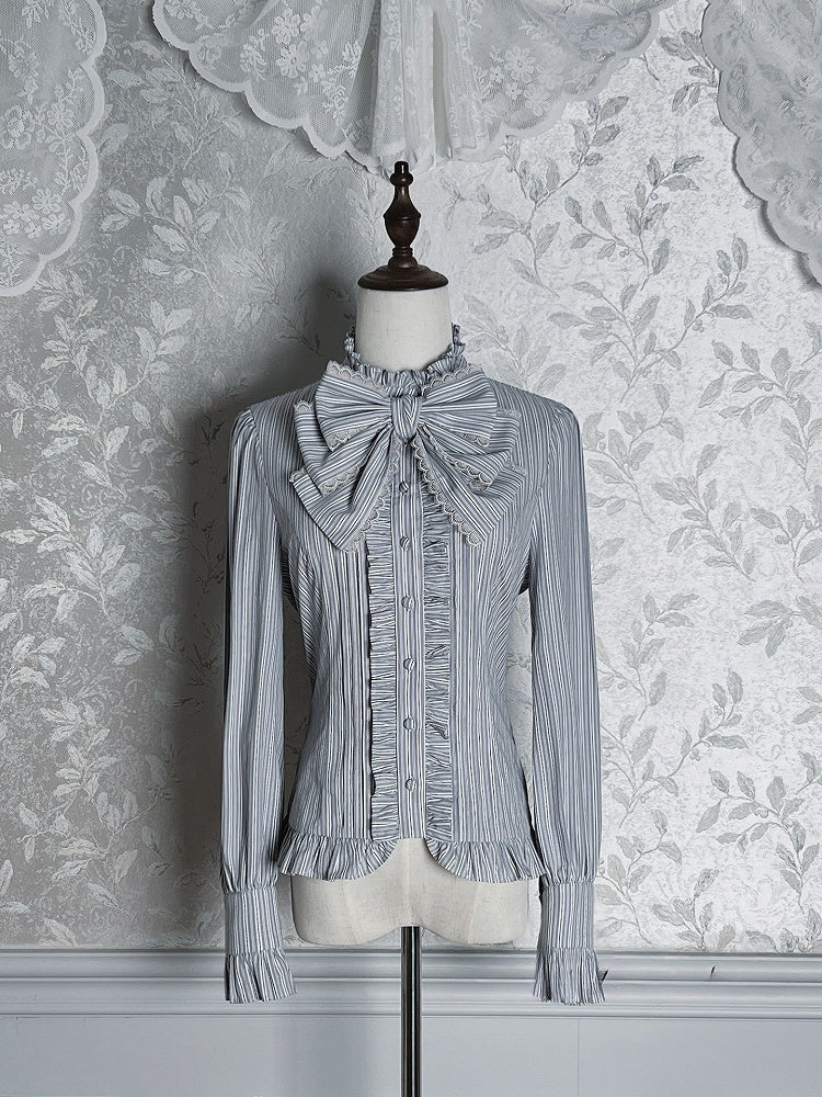 Blue Striped Tie Bow Ruffled Lolita Gray Blouse with