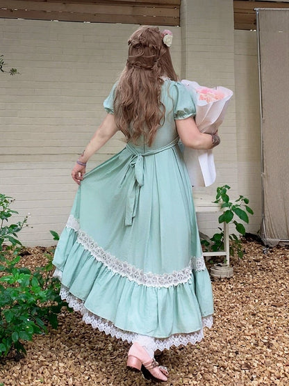 Plus Size Green Sweet Long Dress with Lace & Puff Sleeves - Hard Candy