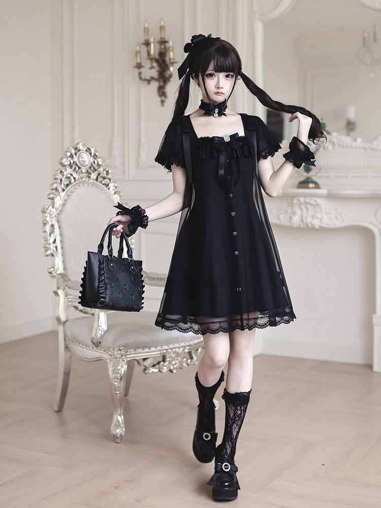 Gothic Square Neck Dress with Bow Accents - Ekomi
