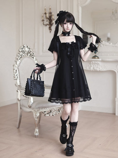 Gothic Square Neck Dress with Bow Accents - Ekomi