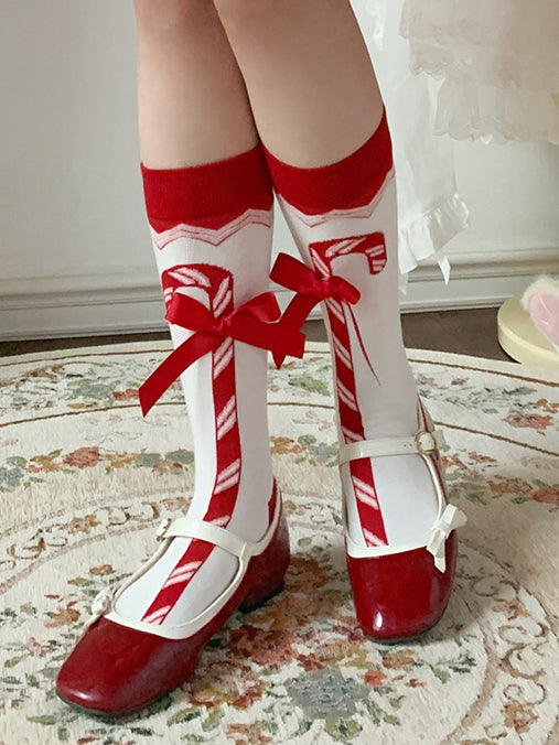 Christmas Red Candy Cane Bowknot Calf Socks