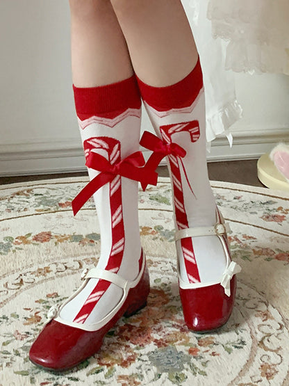 Christmas Red Candy Cane Bowknot Calf Socks