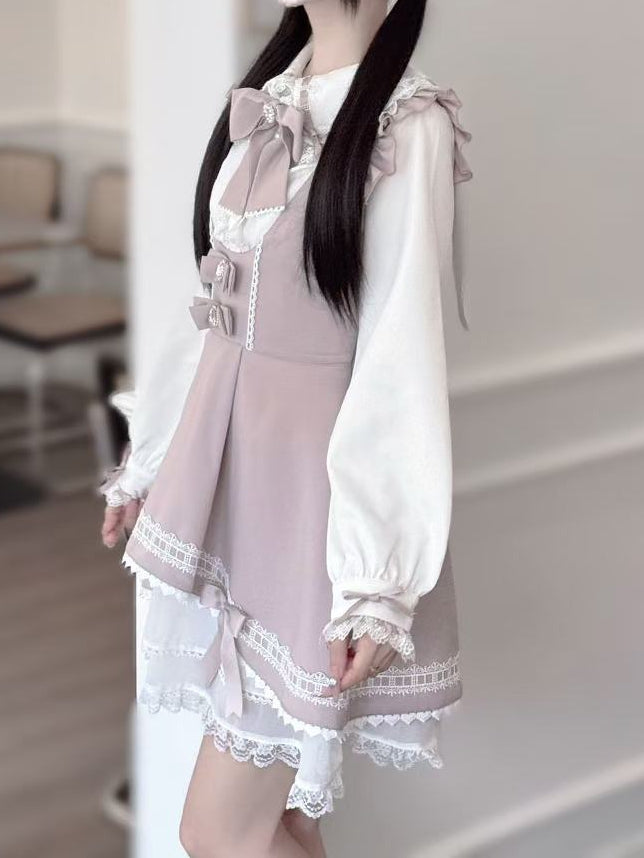 mit süßem Bowknot-Rock, rosa Saum, Overalls, gestuftes Kei-Chiffon-Detail, Jirai Dusty