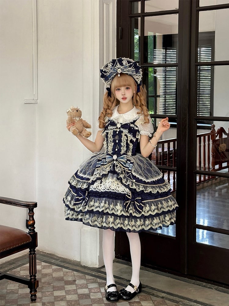 Neckline Chain Gorgeous Lolita Bow Dark Bead Princess Dress Blue