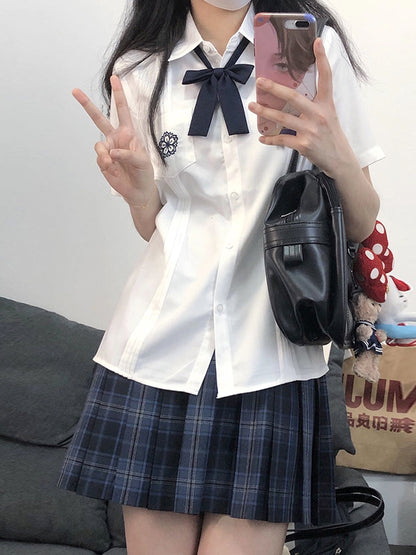 White Style Floral Uniform Shirt Short JK Pleating Details Embroidery Sleeves Preppy