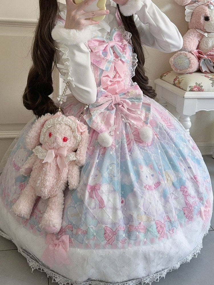 Pink with Sweet Cat Fur Trim Bow Print Accents Lolita Hem and Dress