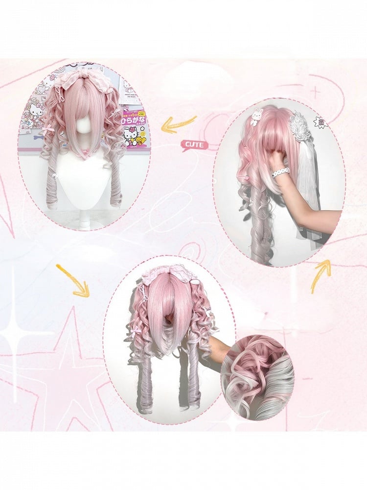 White and Pink 27cm Blunt Bangs Wig with Long Wavy Twin Tails Claw Clip - Sleepy Fish