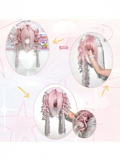 White and Pink 27cm Blunt Bangs Wig with Long Wavy Twin Tails Claw Clip - Sleepy Fish