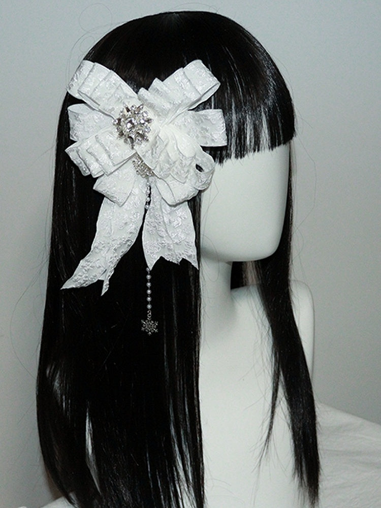 Schneeakzente, weiße Charm-Haarspange/Brosche mit Perlen und Strasssteinen und Schleife, Lolita Gothic