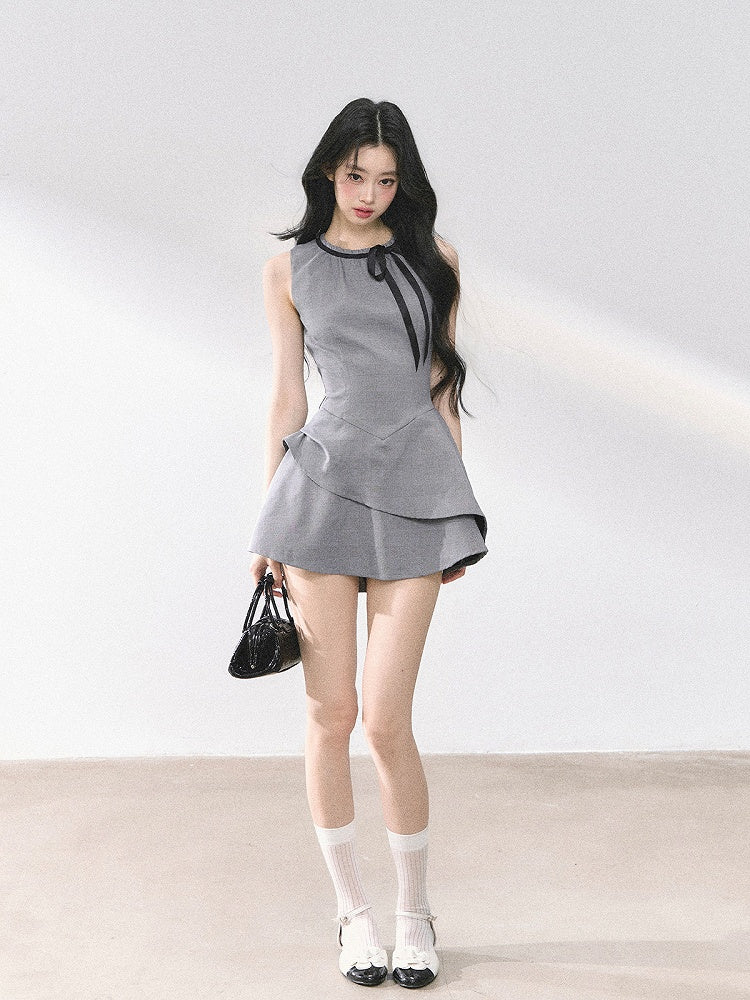 ノースリーブドレス グレー バスクウエスト セルフタイネックライン ミニ