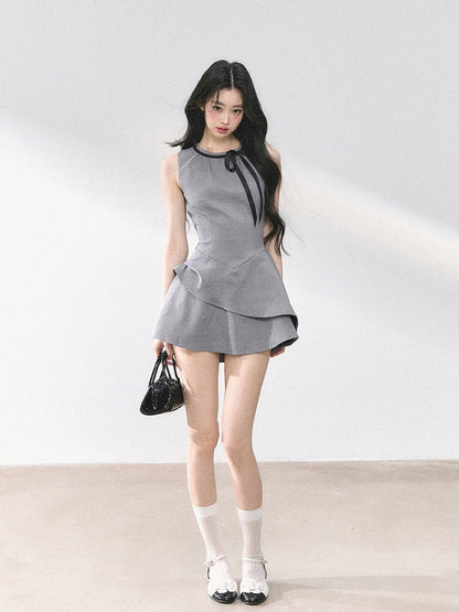 ノースリーブドレス グレー バスクウエスト セルフタイネックライン ミニ