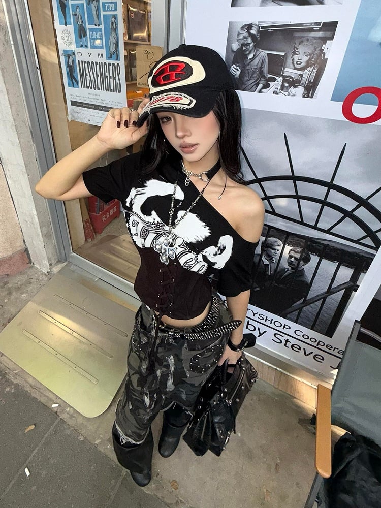 Waist with White Black / Asymmetrical Lace-up Neckline T-Shirt