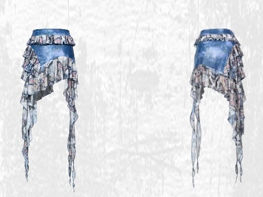 グランジパンクロックフェアリースタイルブルーバタフライティアードフリルアシンメトリーヘムパッチワークスカート