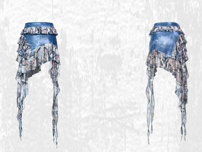 グランジパンクロックフェアリースタイルブルーバタフライティアードフリルアシンメトリーヘムパッチワークスカート