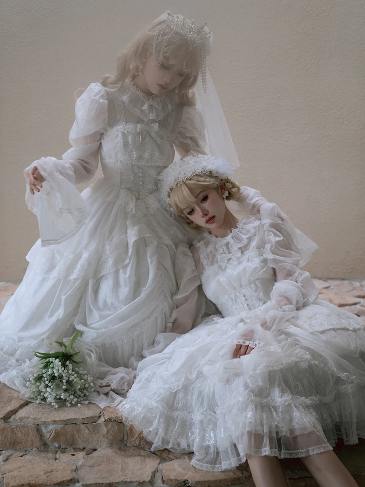 White Basque Waist Shiro Dress Drawstring Skirt Hanayome Lolita Long Sleeves One Piece