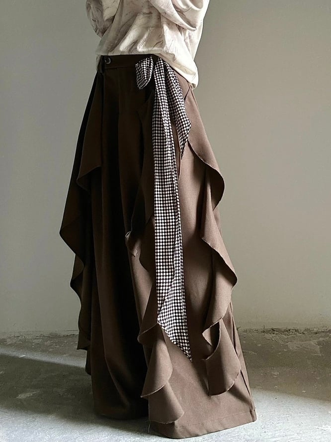 Fastening Button Pants Style Zip Ruffles Cascading Ornate Functional in Princely with Wide-leg Brown