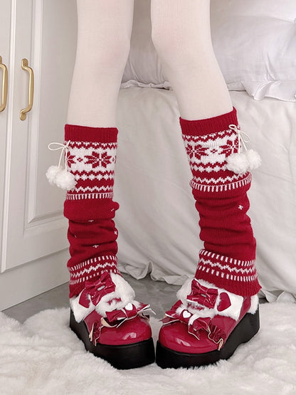 Pattern Decorations Red Snowflake Warmers Leg Pom-pom with Knitted
