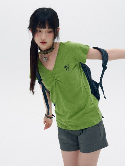 Green Cotton V-Neck Tee with Key Embroidery - innomoood
