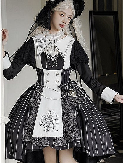 Chain+Pocket Chain+Detachable Collar Watch Embroidery+Waist Cross White Set Full Dress Striped with Nun Lolita Belt+Waist Black