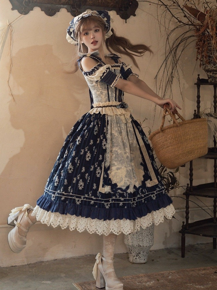 ブルーのオープンショルダーキャビンコルセットトップ + ダークブルーの花柄ロリータスカート