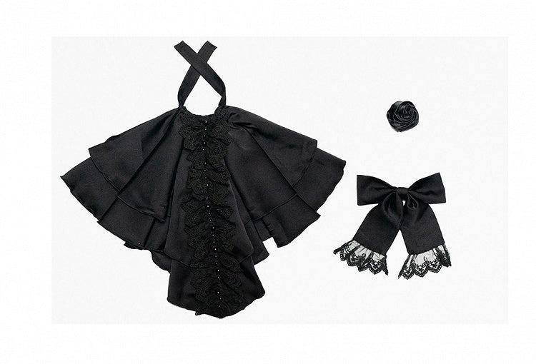 Schwarzes Ouji Fashion Lolita Langarmhemd mit Jabot-Krawatte und Fliege