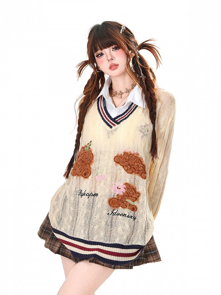 スタイルベア柄 アプリコット プレッピー フェイクツーピースシャツ 日焼け防止 透かし