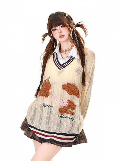 スタイルベア柄 アプリコット プレッピー フェイクツーピースシャツ 日焼け防止 透かし