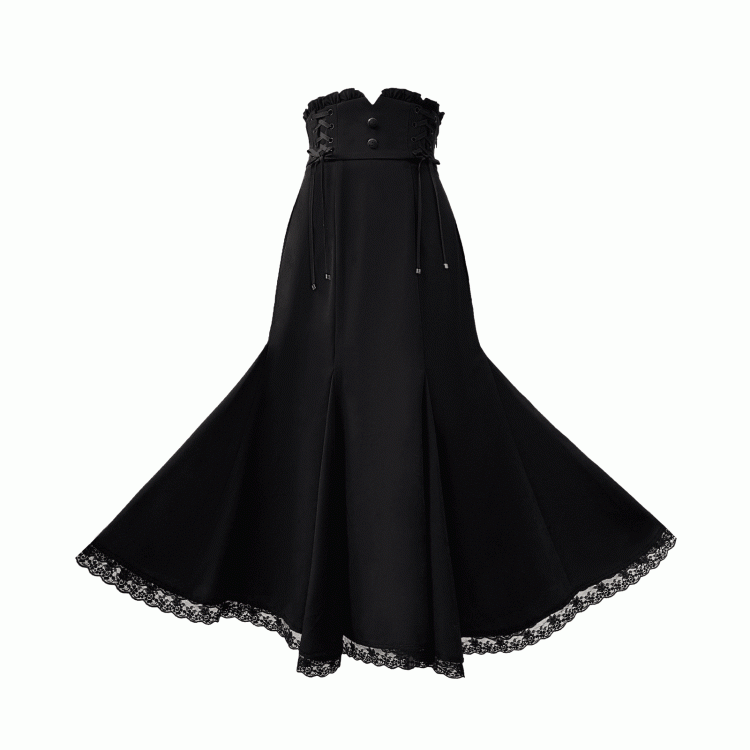 Black Jirai Kei Lace Mermaid Skirt with Side Lace-Up Waist - Walnut JK