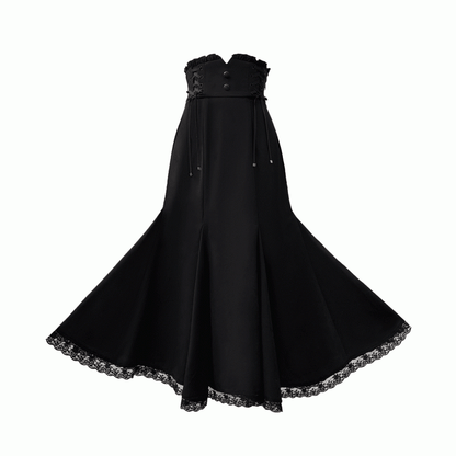 Black Jirai Kei Lace Mermaid Skirt with Side Lace-Up Waist - Walnut JK