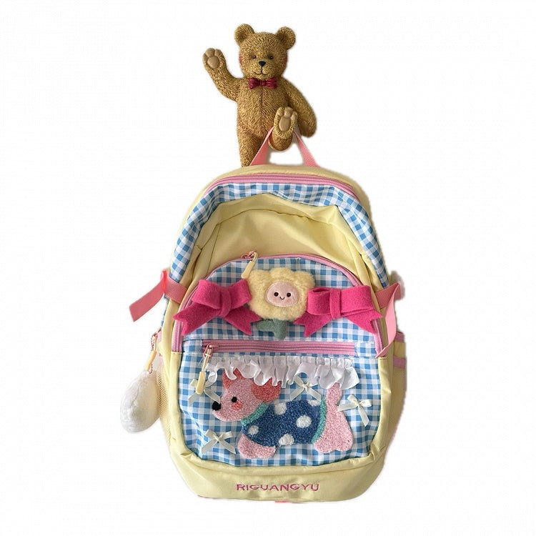 Backpack with Applique Plaid Preppy Puppy Yellow Blue Sporty Plush