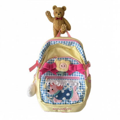 Backpack with Applique Plaid Preppy Puppy Yellow Blue Sporty Plush
