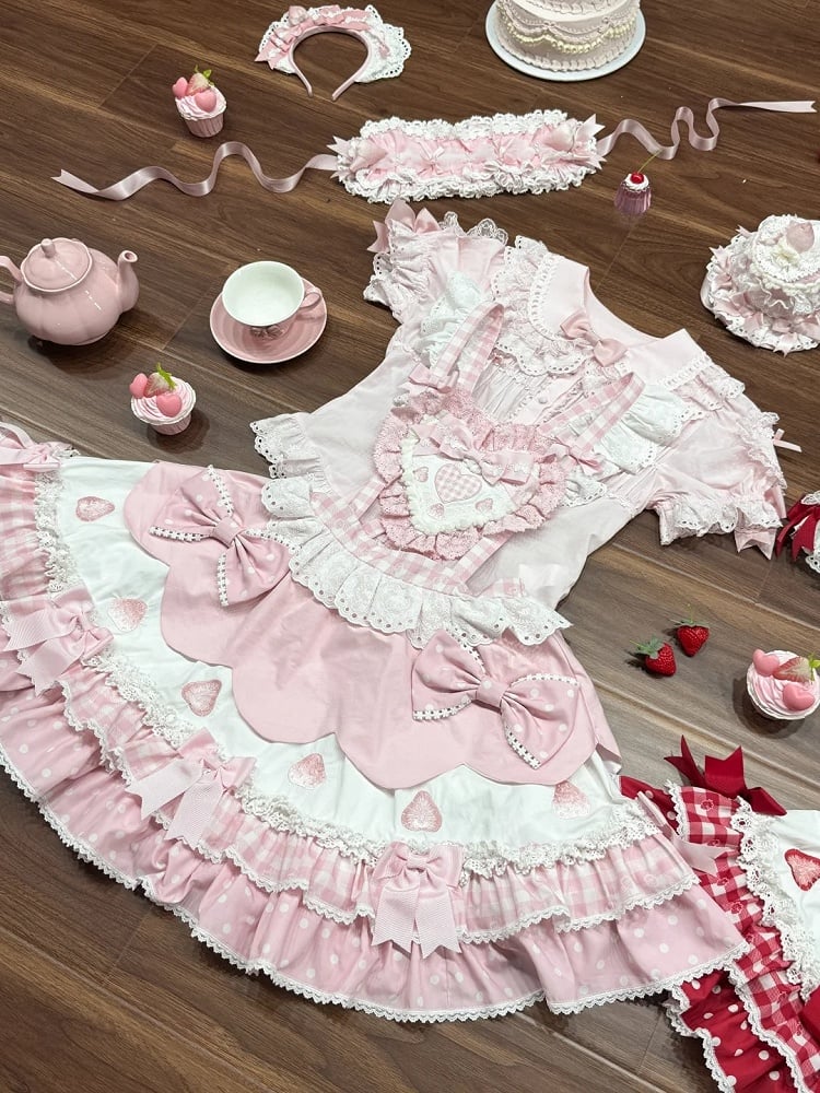 Pink with Bows Applique Print Strawberry Overall Sweet Lolita Dress and Sweetheart