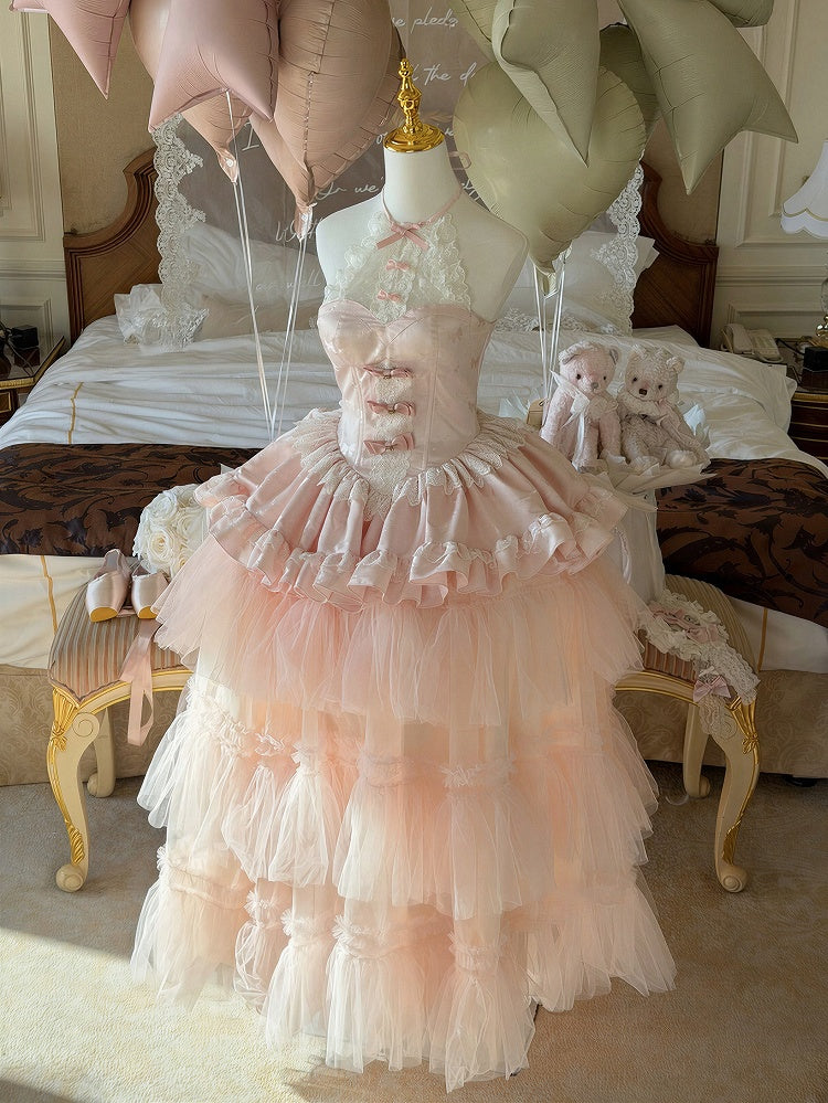 Pink Bow Halter Neck Prom Dress with Tiered Tulle - Diamond Honey