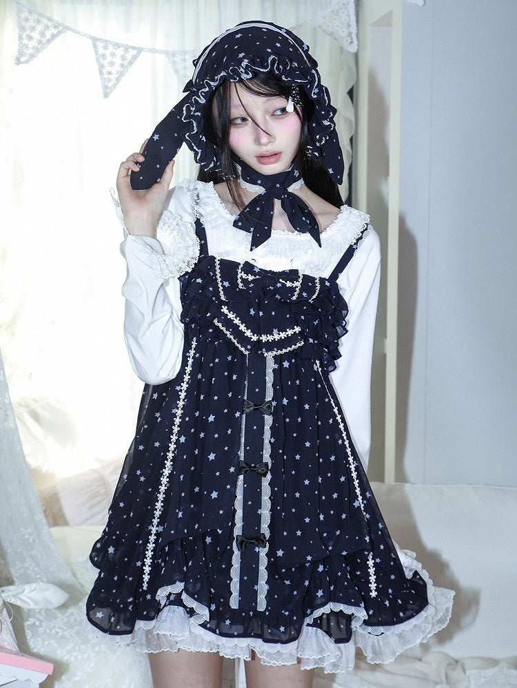 Dress Choker Star Oversized Matching with Tiered Navy Slip Bow White Kawaii Blue Print
