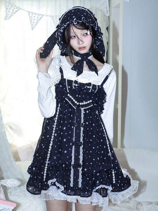 Dress Choker Star Oversized Matching with Tiered Navy Slip Bow White Kawaii Blue Print