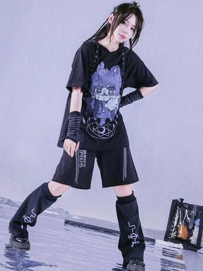 Elastic with Waist Shorts Subtle Line Black Print