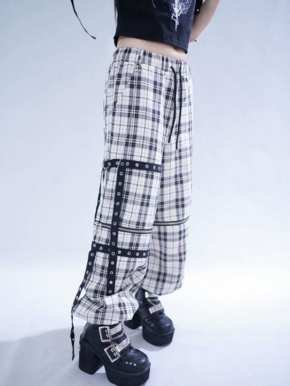 Off-White Plaid Pants with Detachable Legs & Chain Details - Tribuo Flos