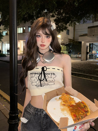 Bowknot Crop Beige Self-tie Tube Top - Gyaru Style with Bunny  Letter Print