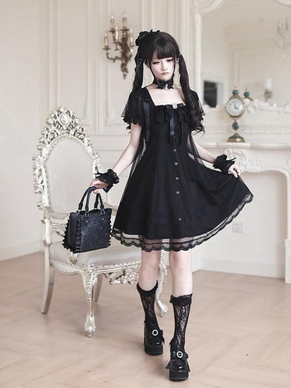 Gothic Square Neck Dress with Bow Accents - Ekomi