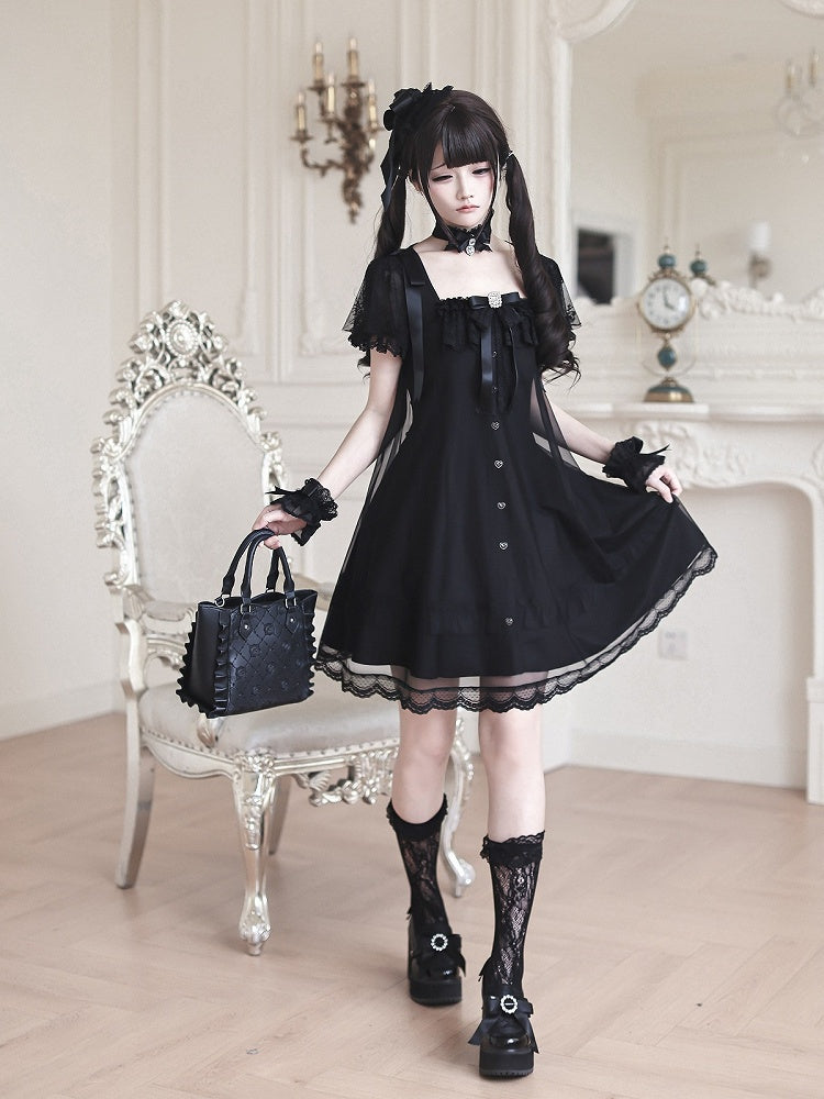 Square-Neck Gothic Dress with Sheer Overlay & Bow Detail - Ekomi